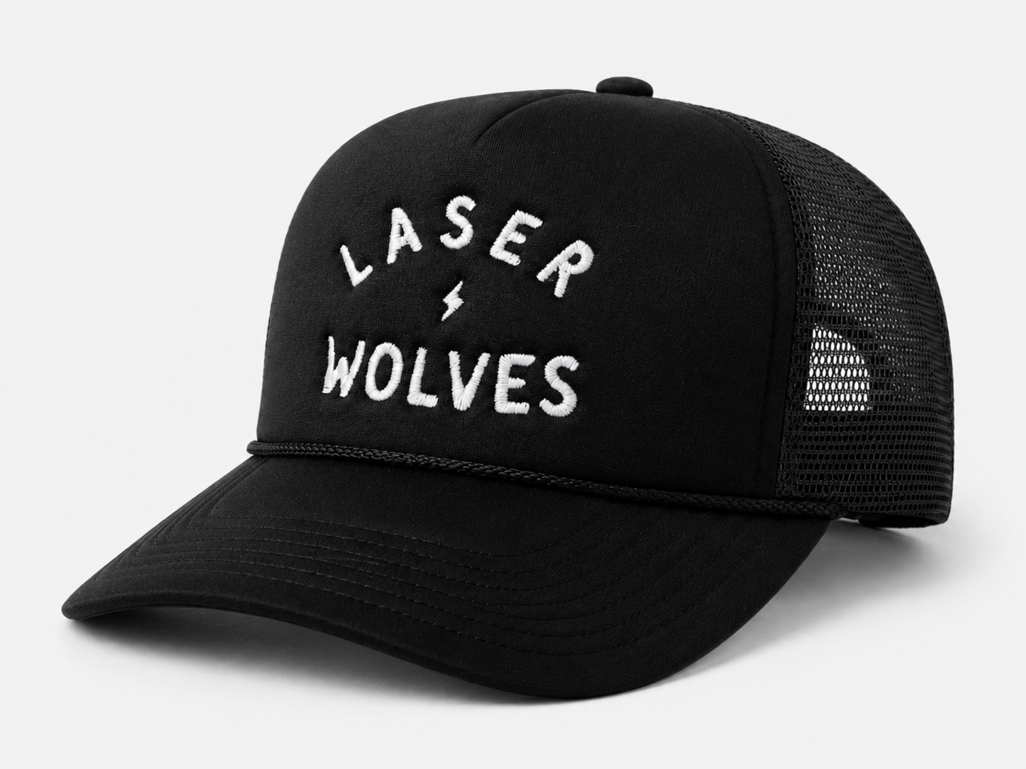 ZAP blackout foam front trucker hat with the Laser Wolves wordmark embroidered in white