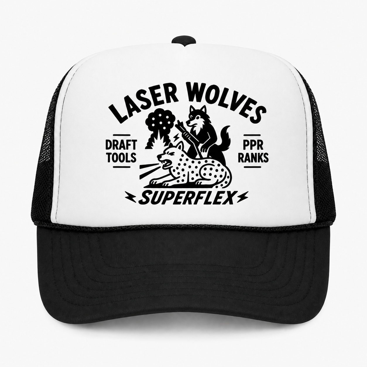 SUPERFLEX foam front trucker hat, white panel with the Laser Wolves lockup printed in black